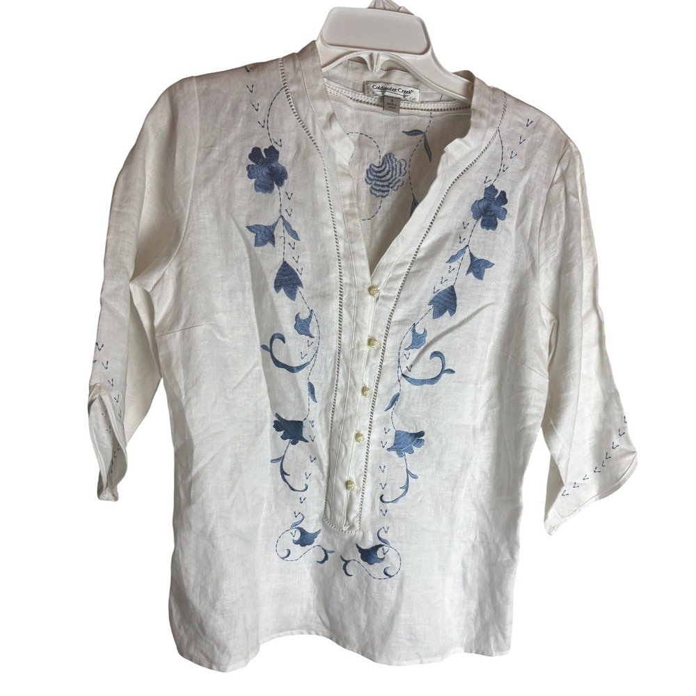 Coldwater Creek White 100% Linen Embroidered Floral Tunic Top Blue Small H52419